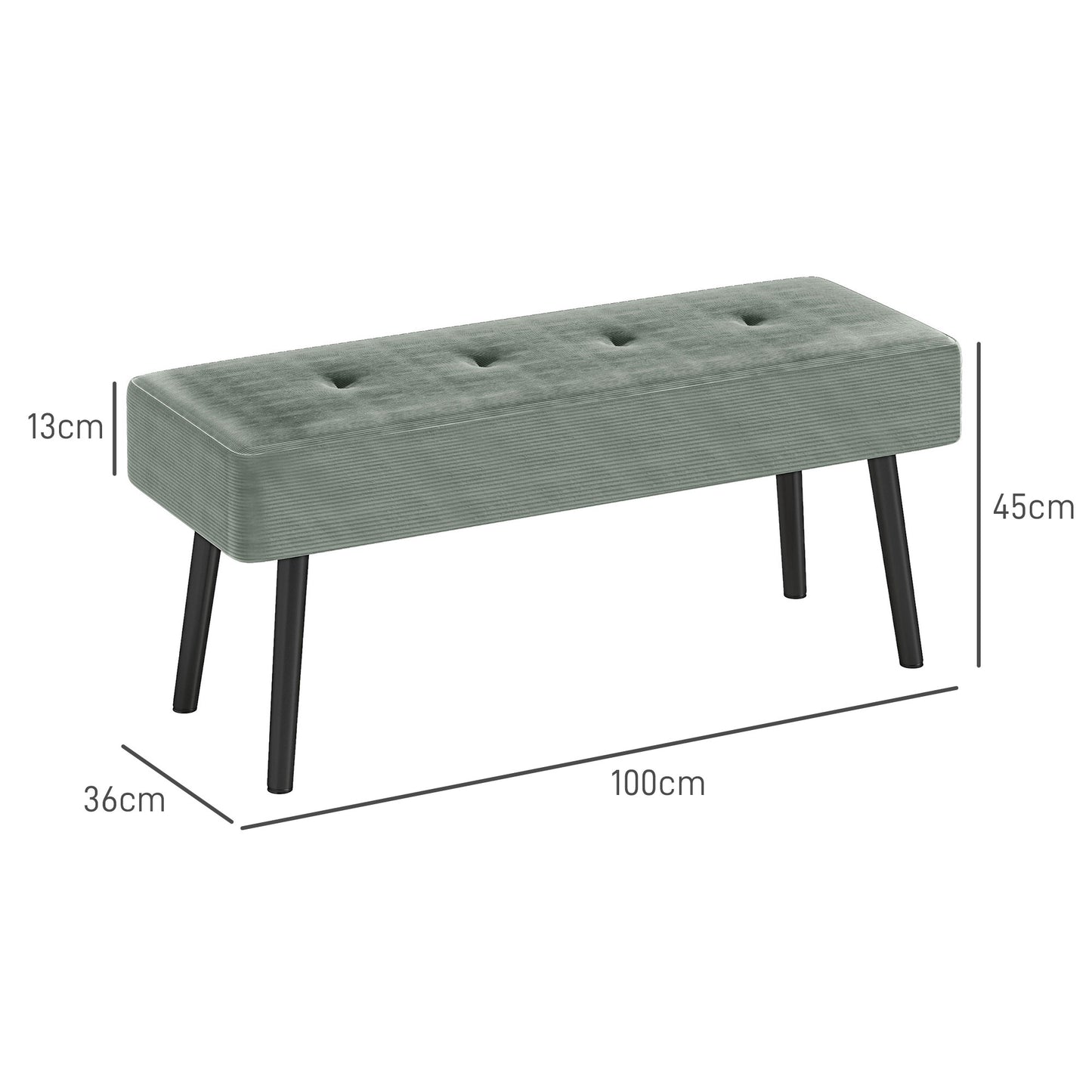 HOMCOM End Of Bed Bench Corduroy Upholstered Bedroom Bench With Thick Padding And Steel Legs Tufted Window Seat Green