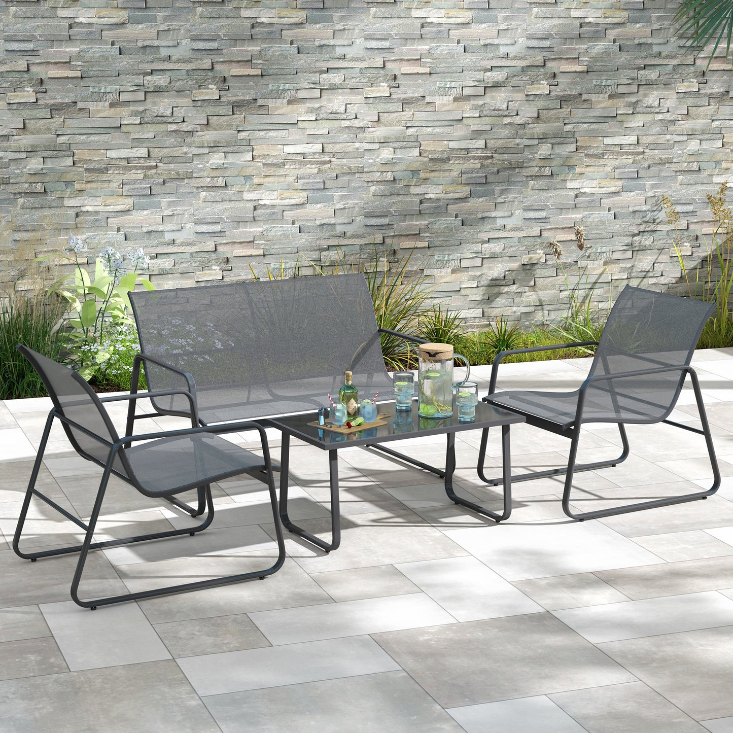 Outsunny Four Piece Minimalistic Garden Sofa Set With Two Chairs And Coffee Table In Light Grey