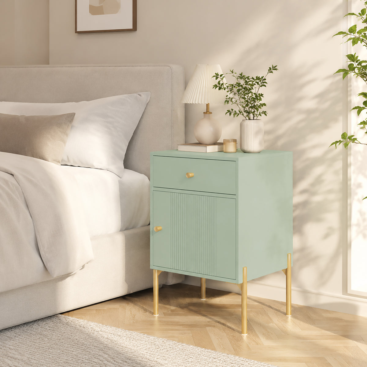 HOMCOM Modern Side Table Set of 2 with Drawer Cabinet Metal Legs Light Green
