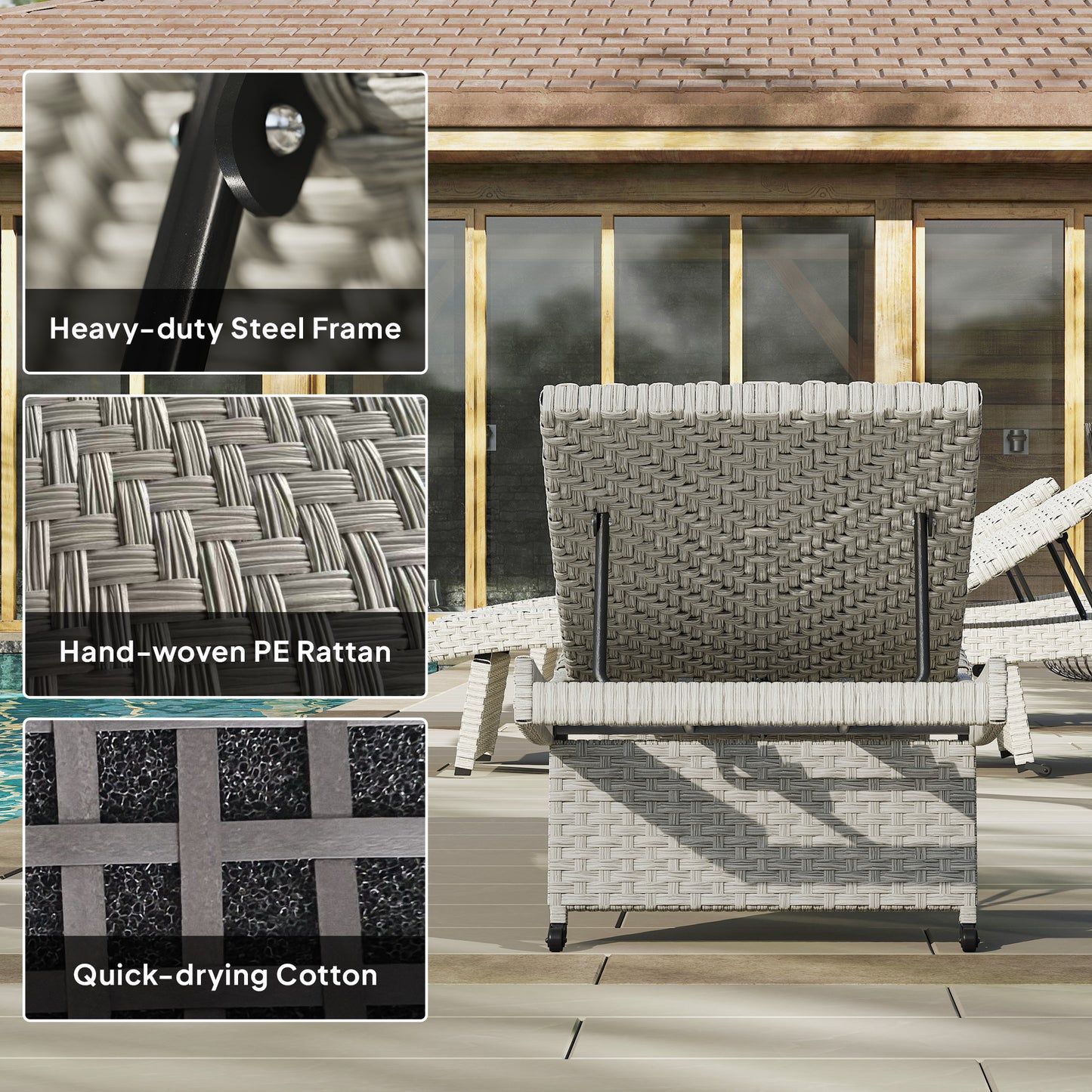 Outsunny Outdoor PE Rattan Sun Lounger Folding Wicker Recliner Four Level Adjustable Backrest With Wheels Grey