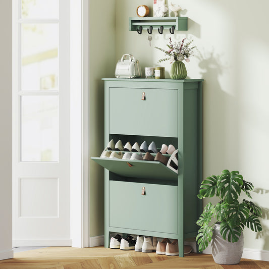 HOMCOM Slim Modern Three Drawer Shoe Cabinet in Green Holds 21 Pairs of Shoes for Neat Entryway Organization