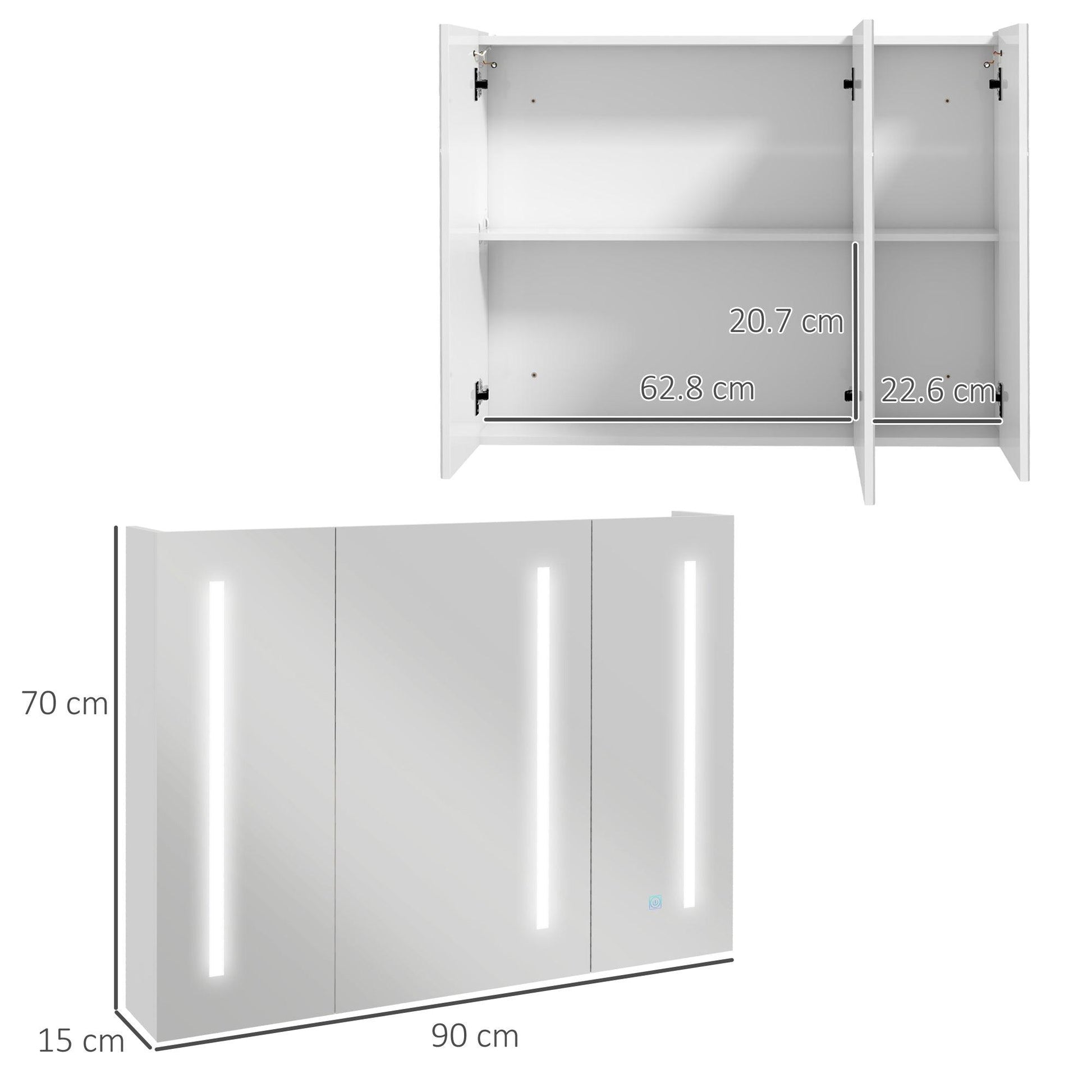 Kleankin Bathroom Wall Wardrobe with Light, Bathroom Storage Cupboard with USB Charge, Adjustable Shelf, 90L x 15H x 70Dcm, White - ALL4U RETAILER LTD