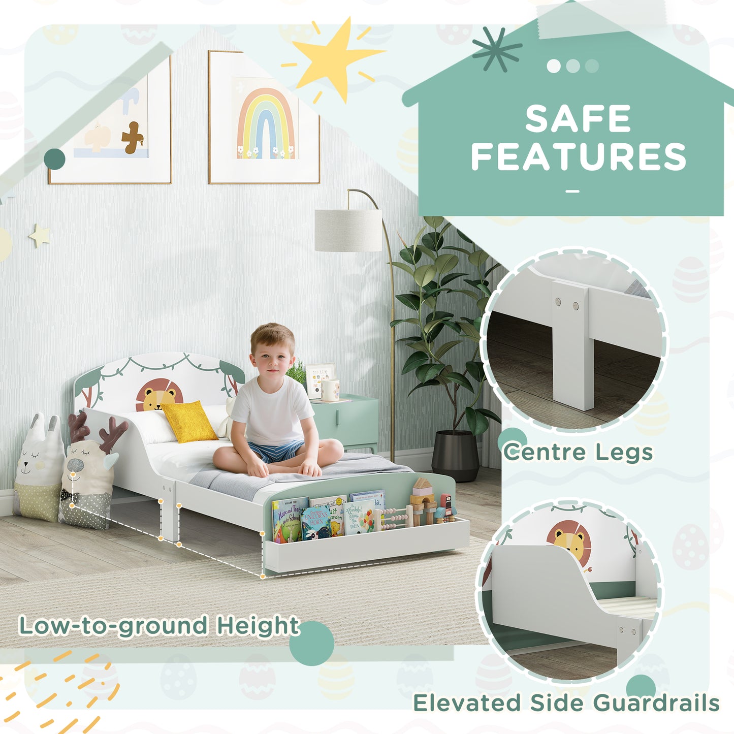AIYAPLAY Toddler Bed With Storage And Guardrails Lion Design Fits 140 X 70cm Mattress Green Ages 3-8