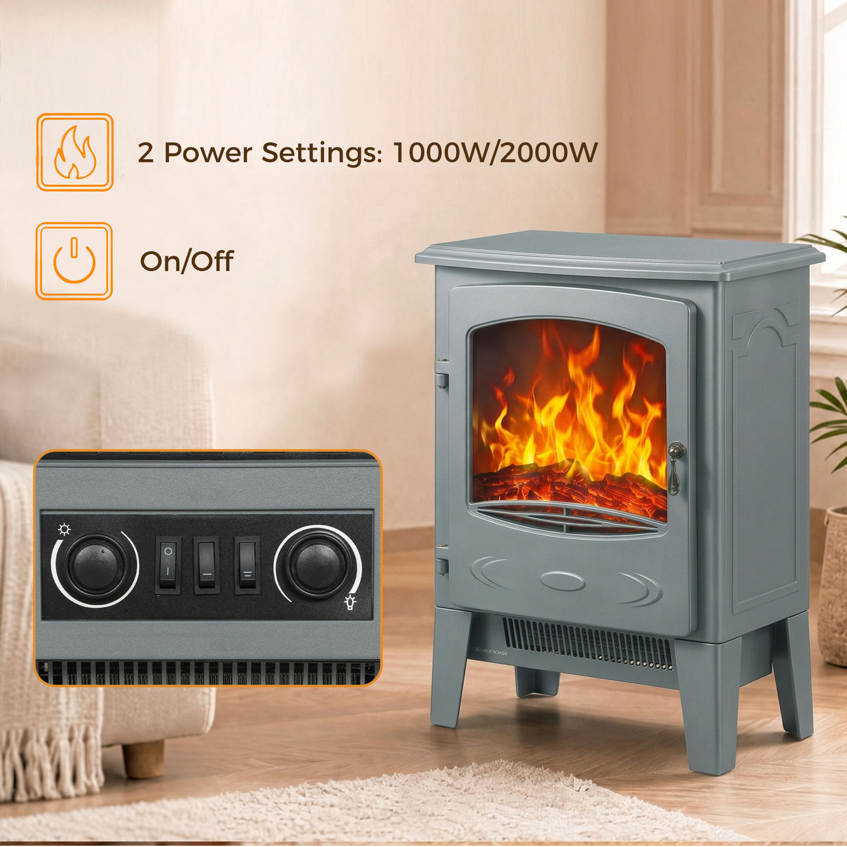 HOMCOM Freestanding Electric Fireplace Realistic Flame Dual Heat Settings Grey
