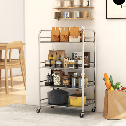 4-tier stainless steel kitchen storage trolley with open shelves and side handles