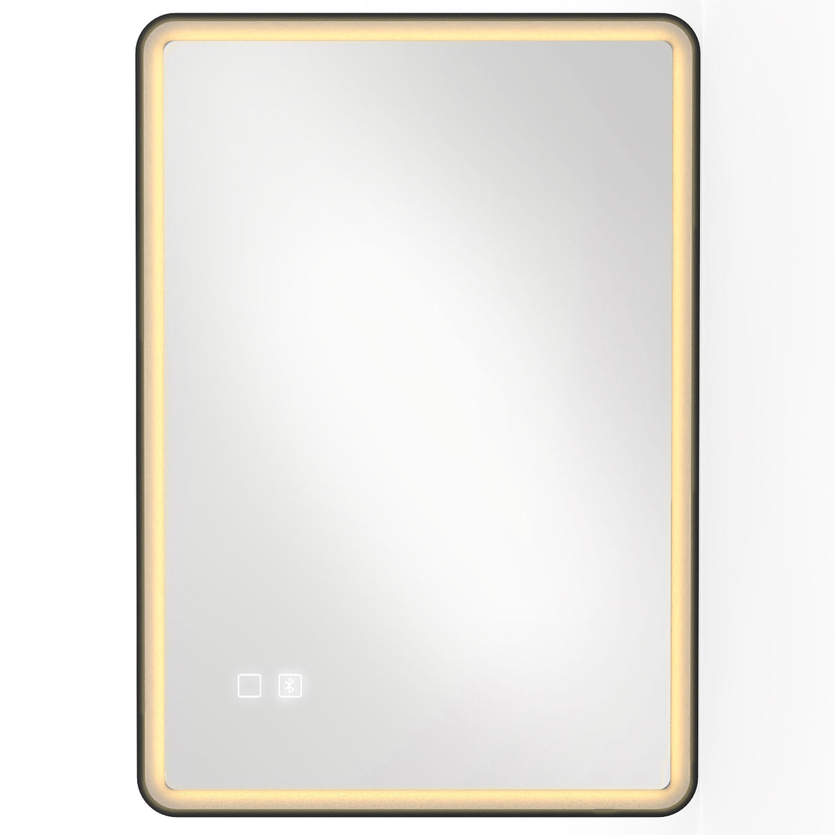Framed LED bathroom mirror with warm edge lighting and small touch buttons