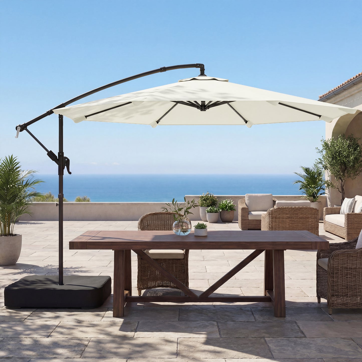 Outsunny 3m Cantilever Parasol With Cross Base And Sandbag 360 Degree Rotating Overhanging Arm Cream White