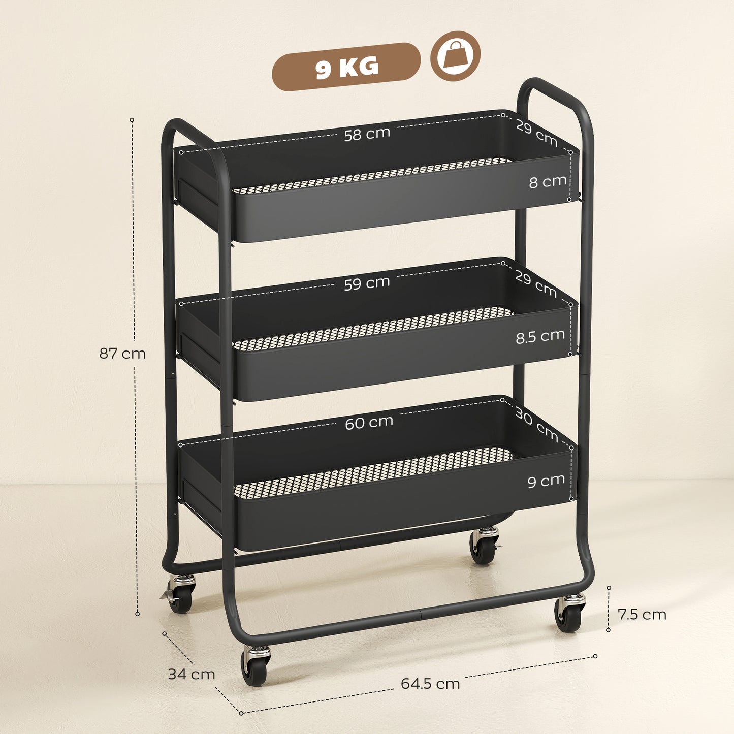 HOMCOM 3 Tier Storage Trolley on Wheels Rolling Utility Cart with Mesh Baskets for Kitchen Bathroom Bedroom Black