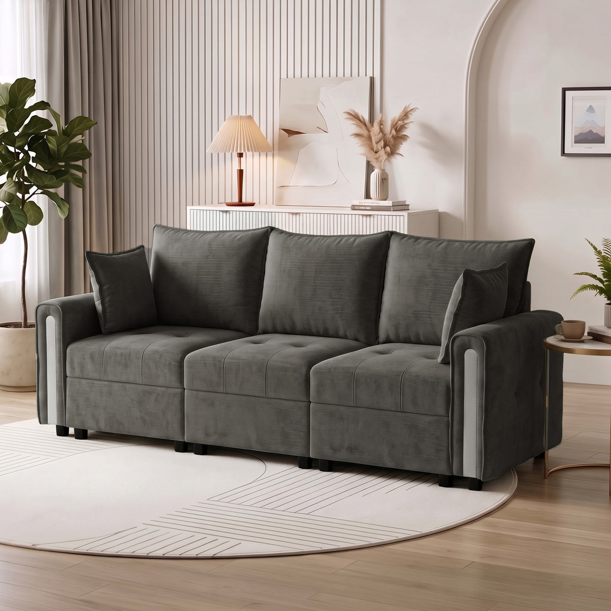Dark grey velvet 3-seat sofa with plush cushions and tall arm panels