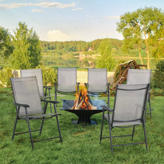 Outsunny Set of 6 Folding Garden Chairs - Grey, Metal Frame Outdoor Patio Park Dining Seats with Breathable Mesh Seat