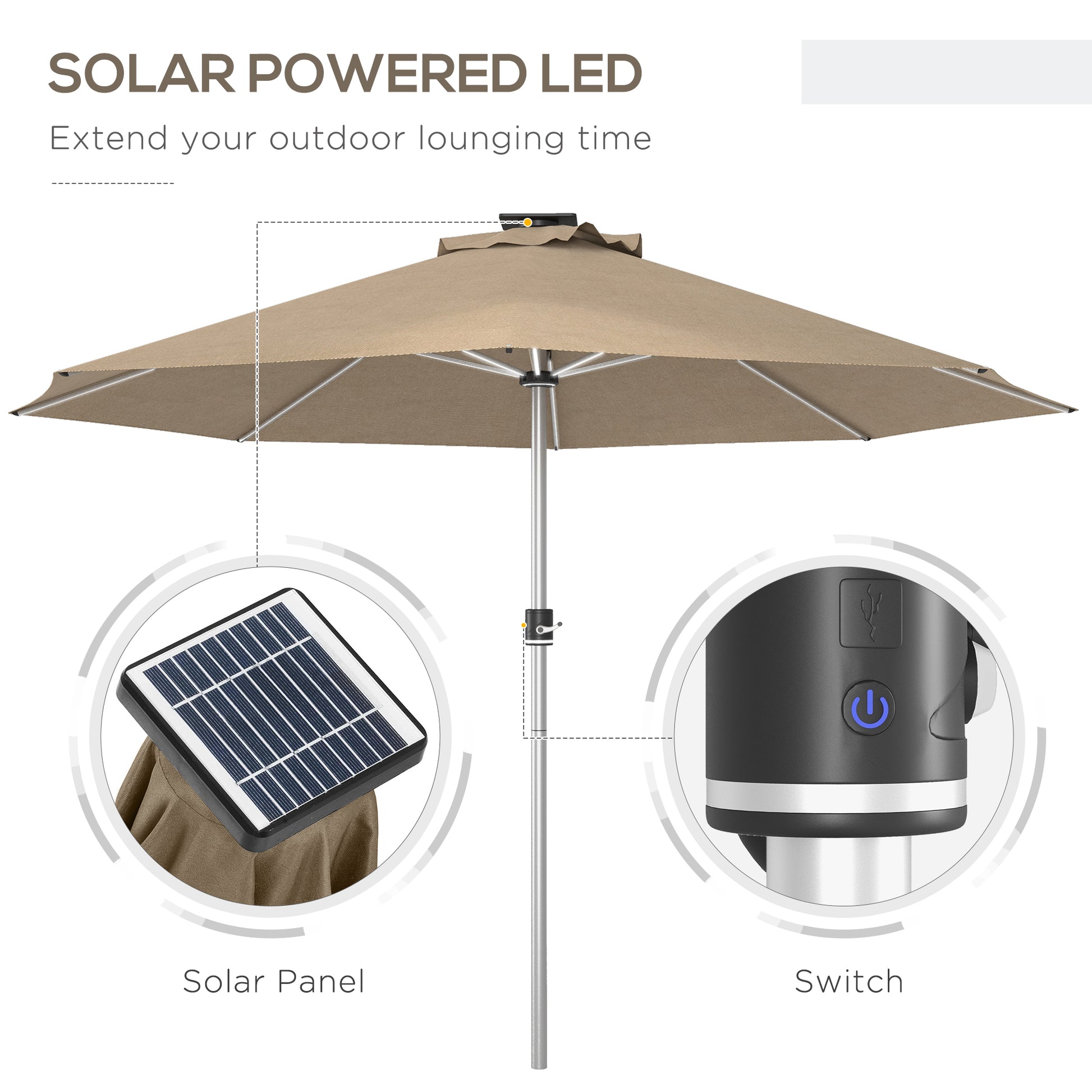 Outsunny Khaki LED Solar Patio Umbrella with 4 Light Modes, Waterproof Design, USB Charging - ALL4U RETAILER LTD