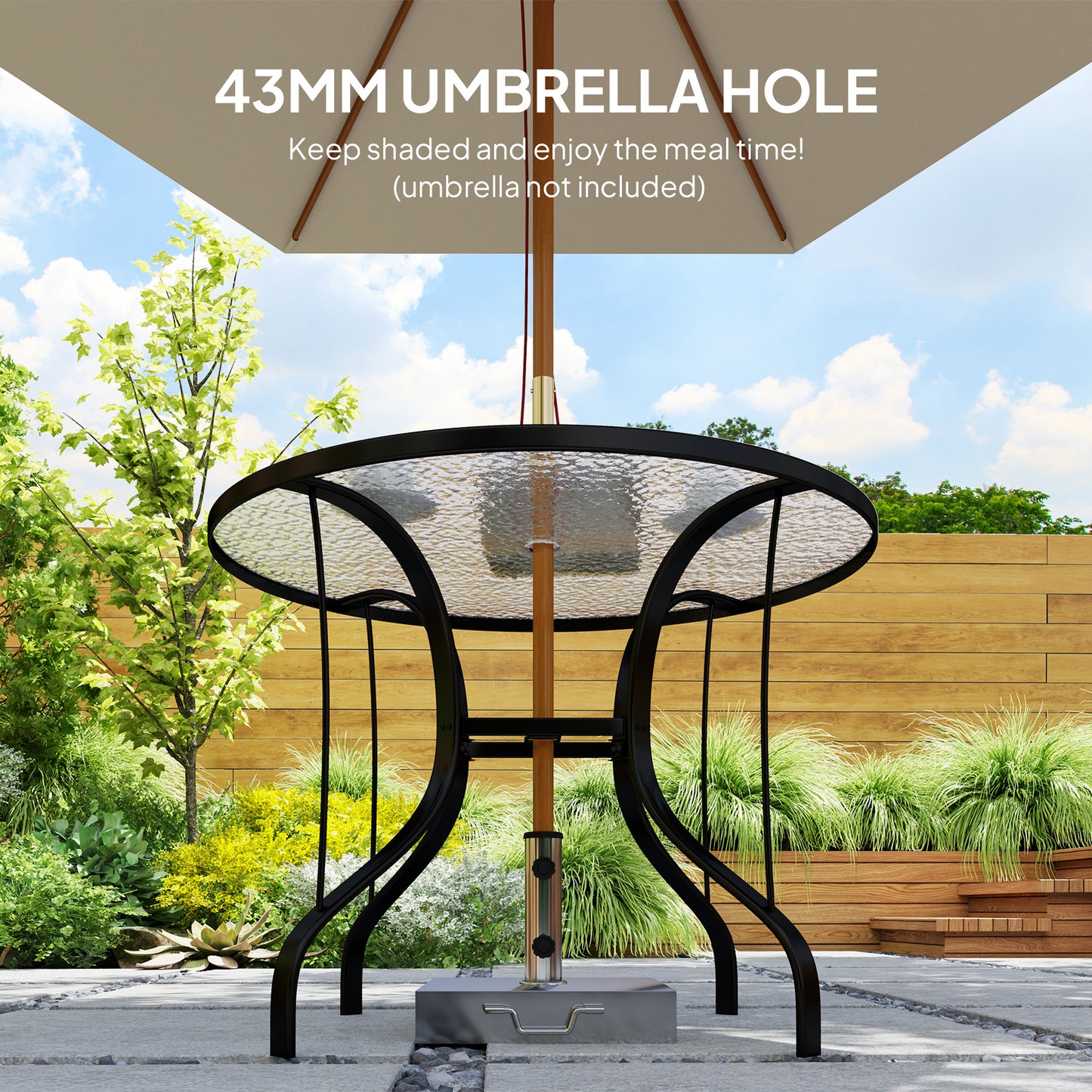Outsunny Round Outdoor Dining Table With Tempered Glass Top And Parasol Hole 96.5 x 96.5 x 71 cm