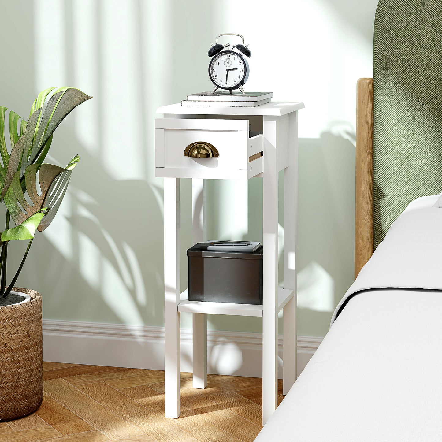 HOMCOM Two Tier Bedside Tables Set of Two with Drawer and Shelf White for Living Room and Hallway