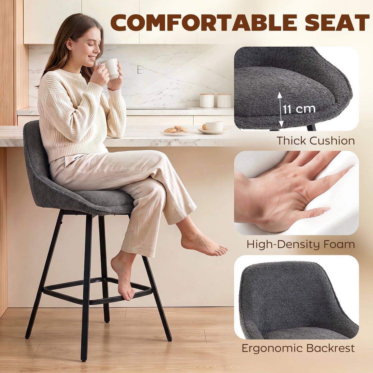 Dark grey bar stool with thick cushioned seat and ergonomic backrest, foam detail inset