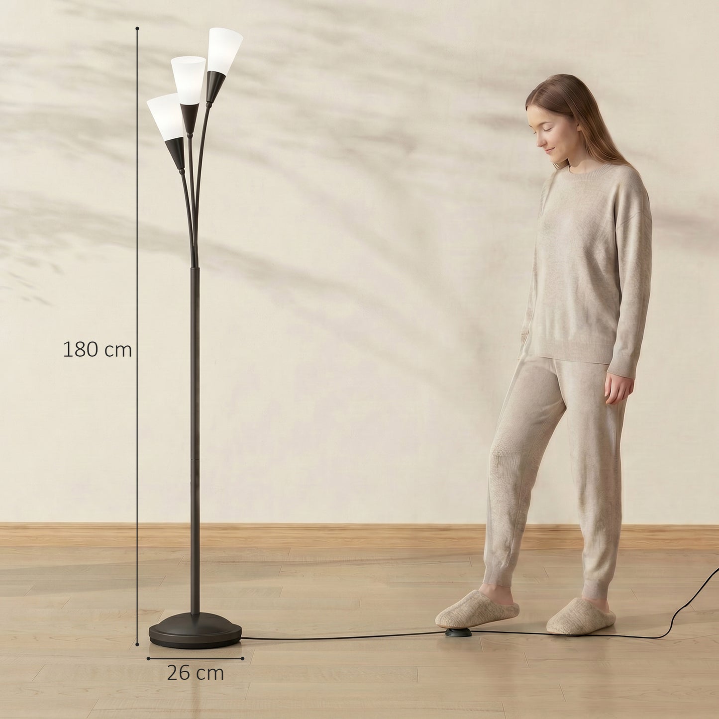 HOMCOM Modern Standing Lamp 3 Light Upright Floor Lamp for Living Room Black with Cone Shades