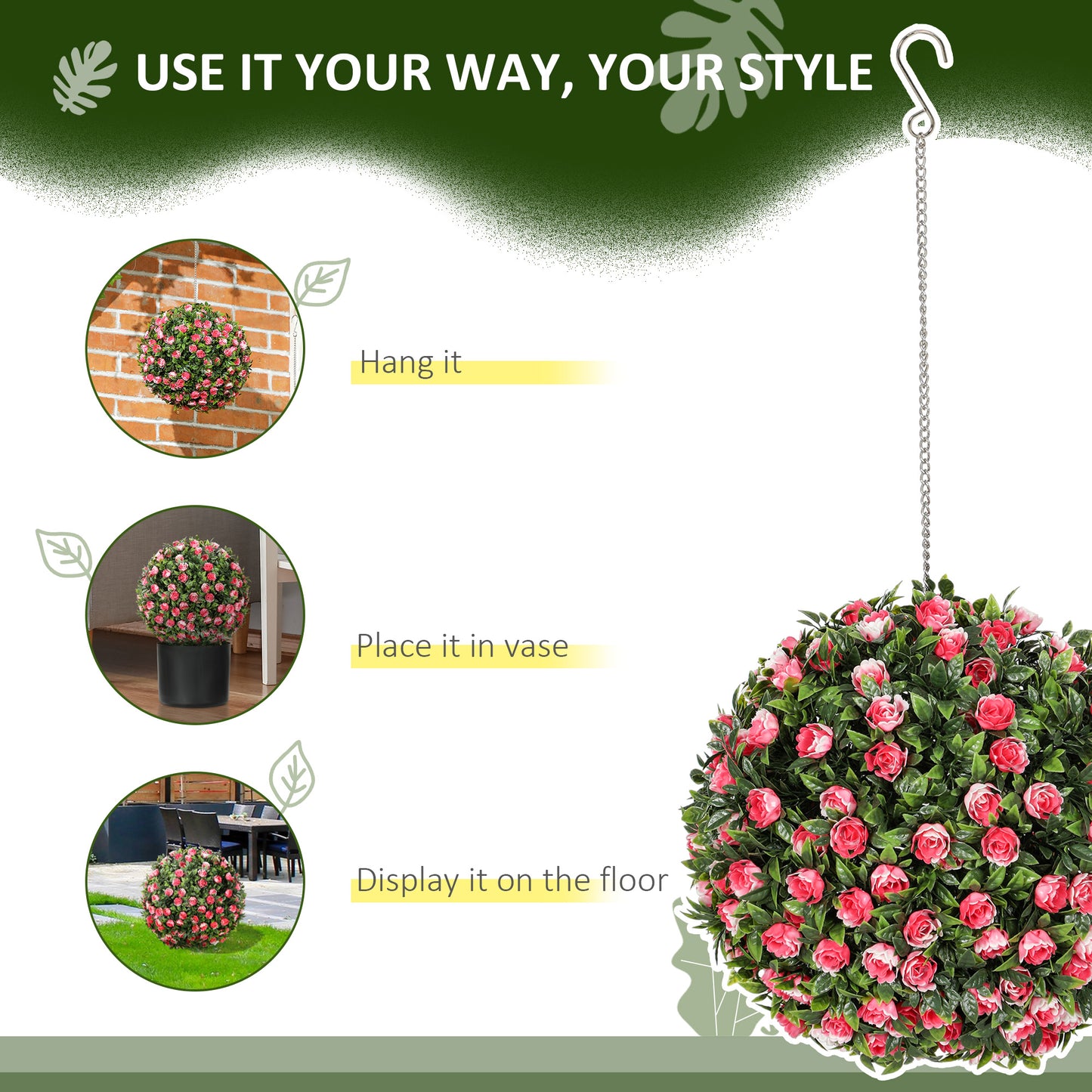 HOMCOM Set Of 2 Decorative Artificial Plants UV Protected Topiary Rose Balls For Indoor And Outdoor Decor 28cm Pink