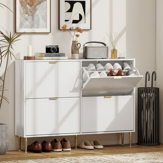 HOMCOM Elegant Four Drawer Shoe Cabinet In White With Ridged Front Doors Gold Accents And Adjustable Shelves
