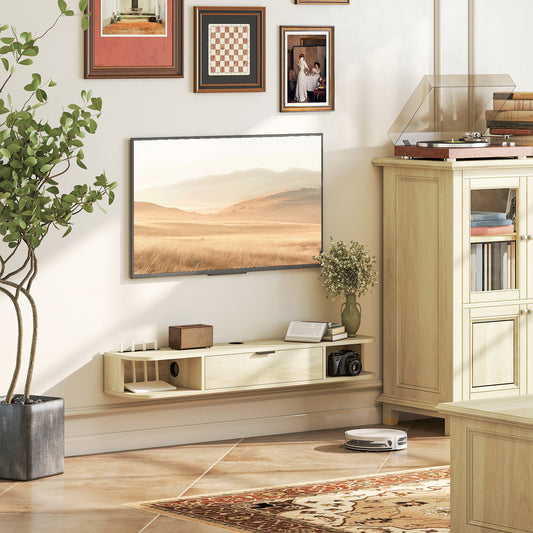 HOMCOM 120 Cm Floating TV Unit Wall Mounted For TVs Up To 50 Inch Natural Finish With Concealed Cables And Drawer