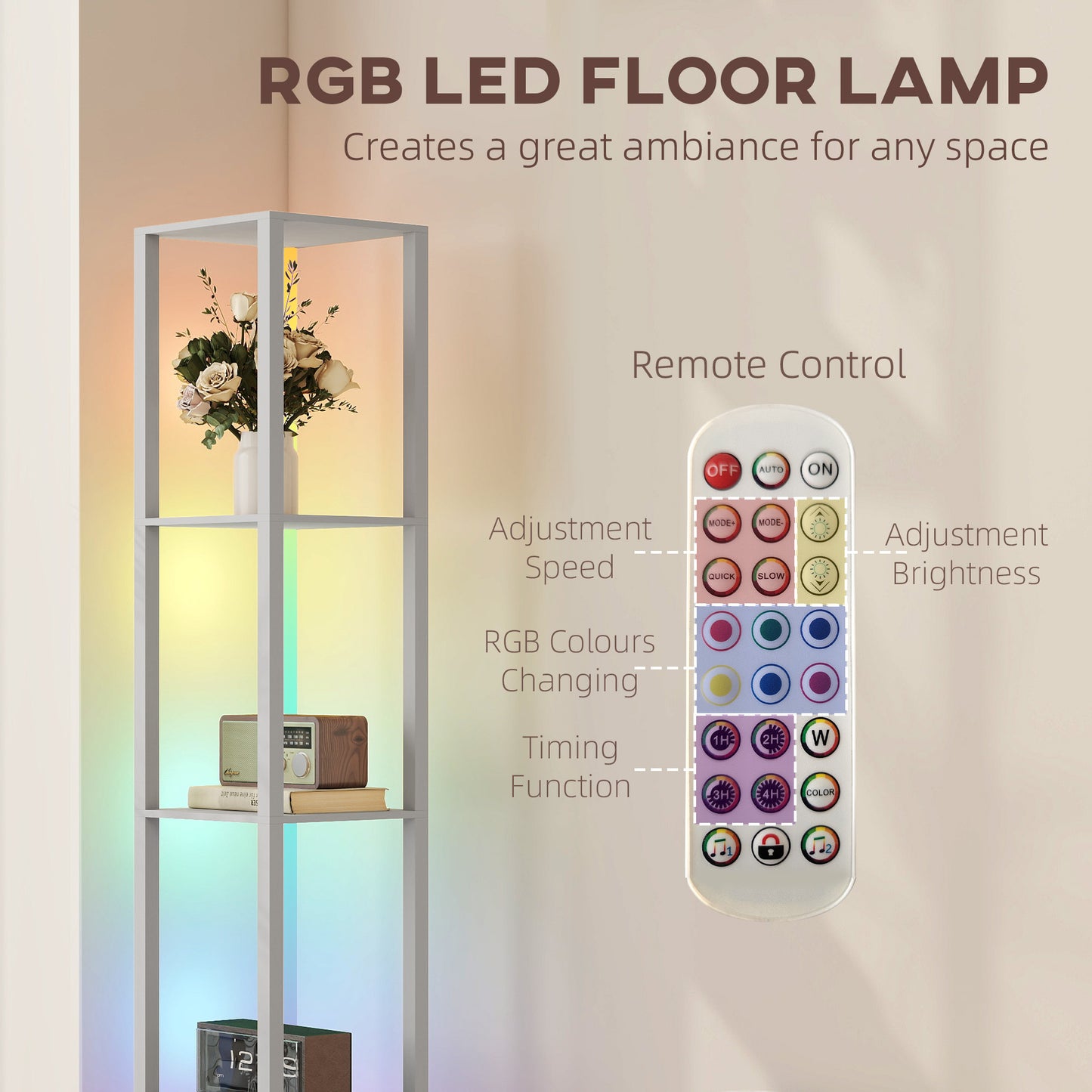 HOMCOM RGB LED Floor Lamp With Shelves, Modern Dimmable Standing Lamp With Remote, Adjustable Brightness And Speed