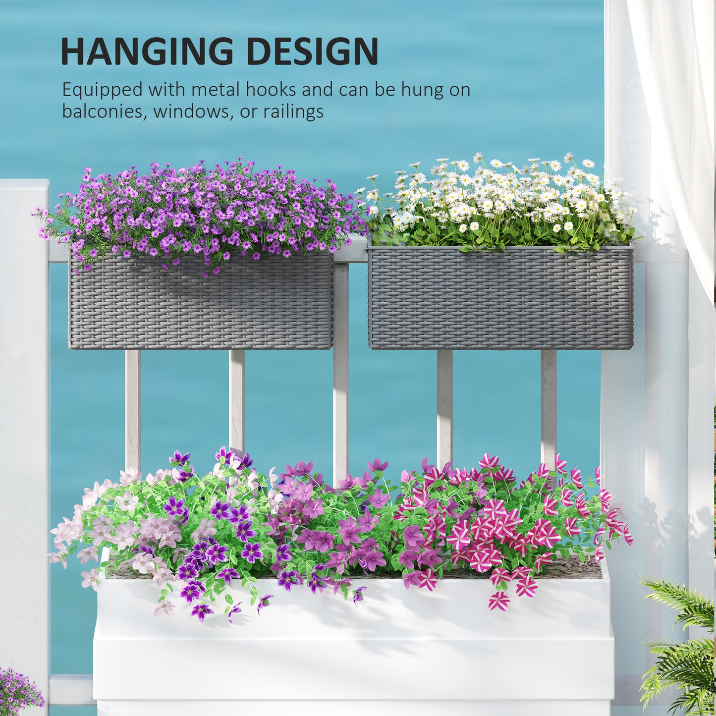 Outsunny Set Of Two Rattan Effect Planters With Hooks For Balconies Railings Grey