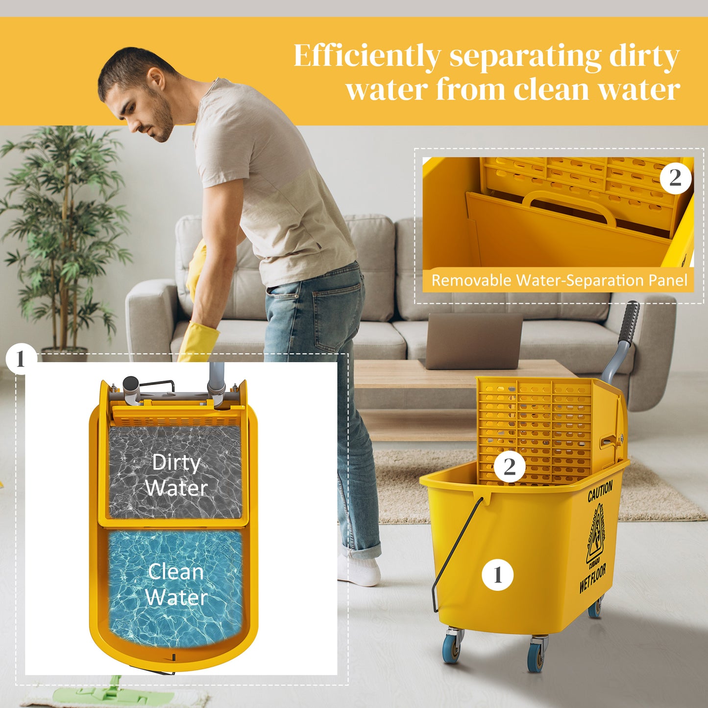 HOMCOM 20 Litre Mop Bucket With Wringer On Wheels Yellow For Floor Cleaning With Side Press And Included Mop
