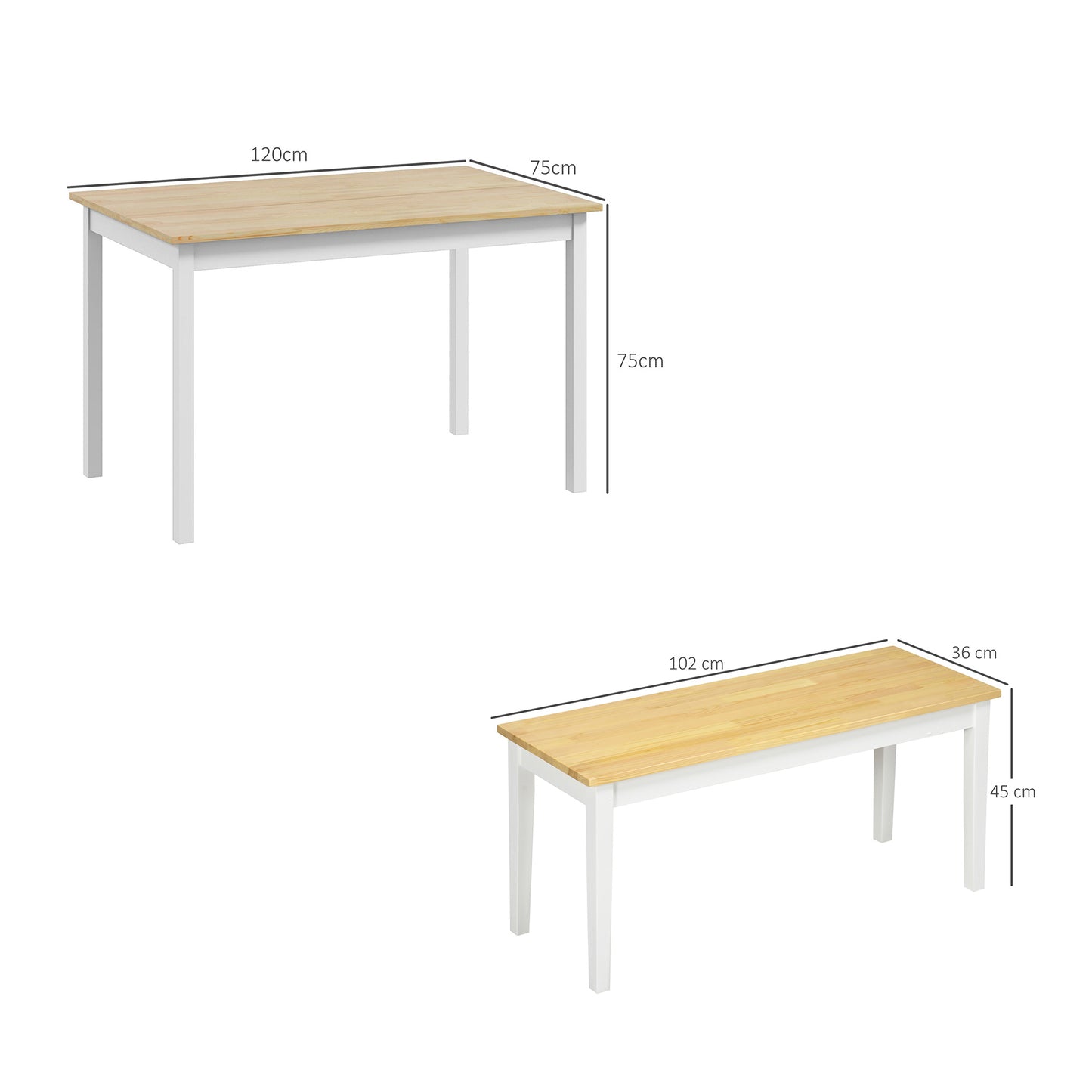 HOMCOM Farmhouse Dining Table and Bench Set with Pine Wood Frame Natural and White Finish for Kitchen and Dining Room