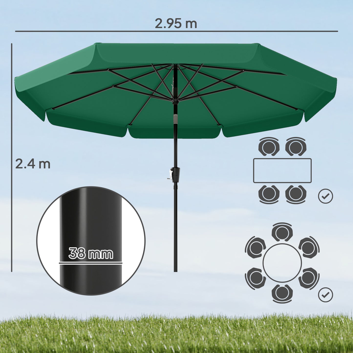 Outsunny 3m Garden Parasol With Tilt Mechanism And Crank Handle UPF 30 Sun Protection Patio Umbrella Table Green