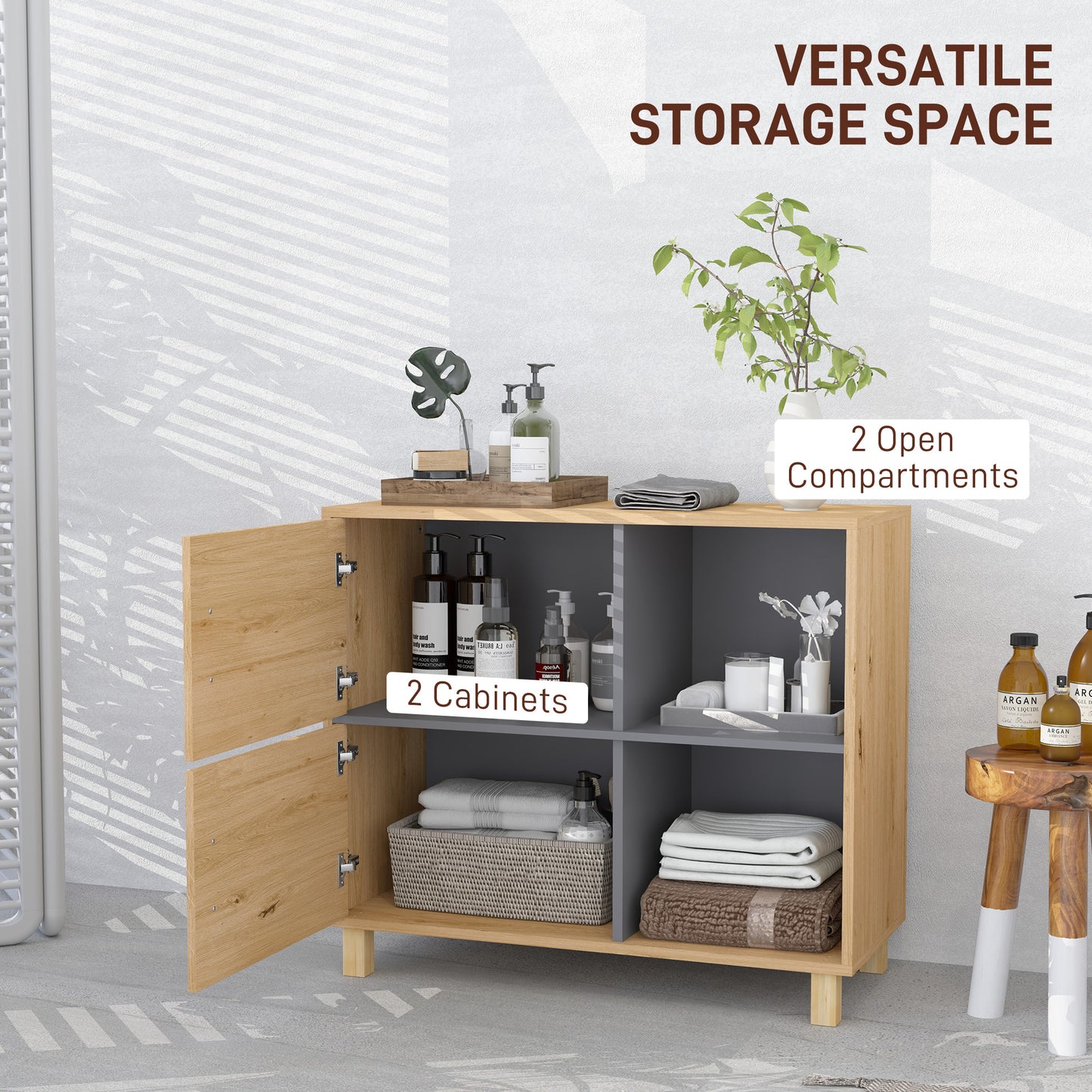 HOMCOM Freestanding Bathroom Cabinet With Open Compartments And Double Doors For Extra Storage