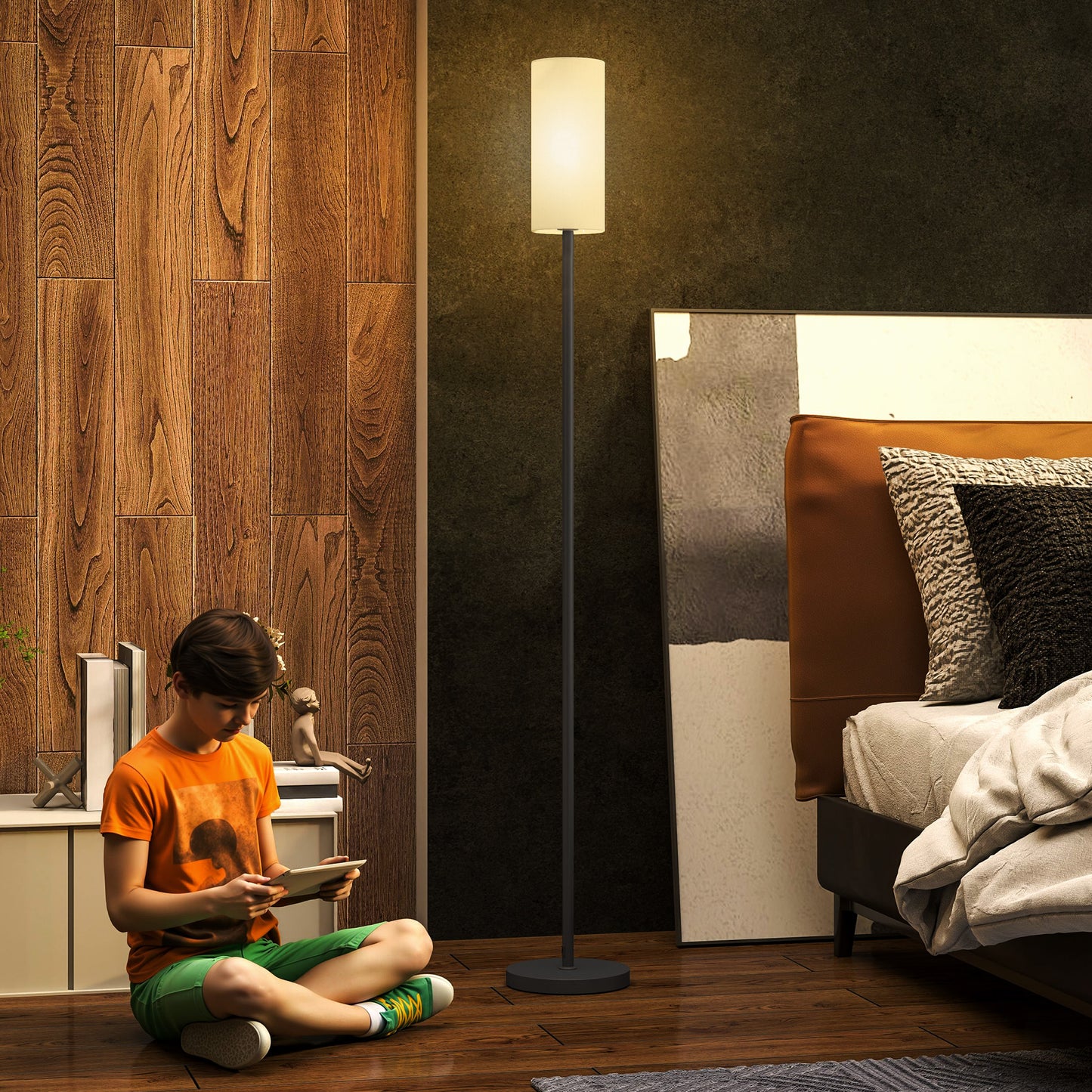 HOMCOM Floor Lamp For Living Room Modern Standing Lamp With Linen Shade And Foot Switch Minimalist Tall Pole White