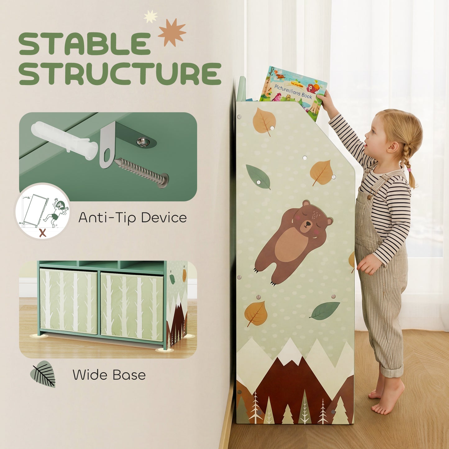 AIYAPLAY Kids Bookshelf with Storage and Fabric Drawers for Playroom and Nursery Green Book Display Unit