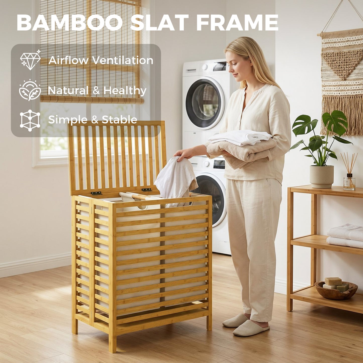 HOMCOM Bamboo Laundry Basket With Lid Two Baskets Foldable 64L Two 32L Bags Natural Cream White