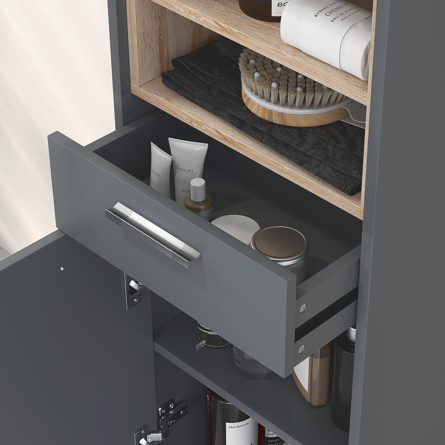 HOMCOM Tall Bathroom Storage Cabinet With MDF Triamine Board And Waterproof Sticker Matte Grey