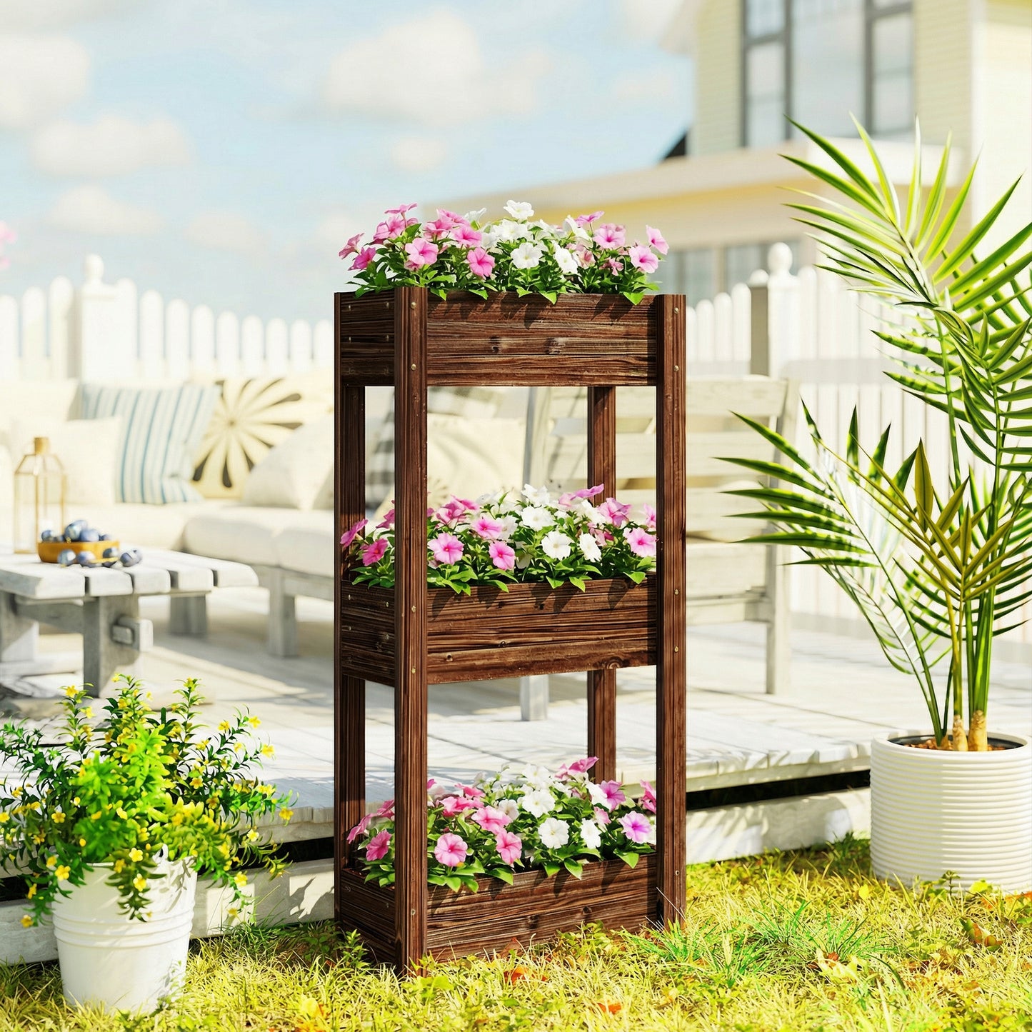 Outsunny Three Tier Wooden Raised Planter Legs Drainage Holes Bed Liner Elevated Garden Bed