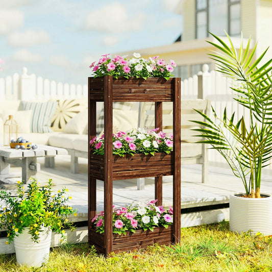 Outsunny Three Tier Wooden Raised Planter Legs Drainage Holes Bed Liner Elevated Garden Bed