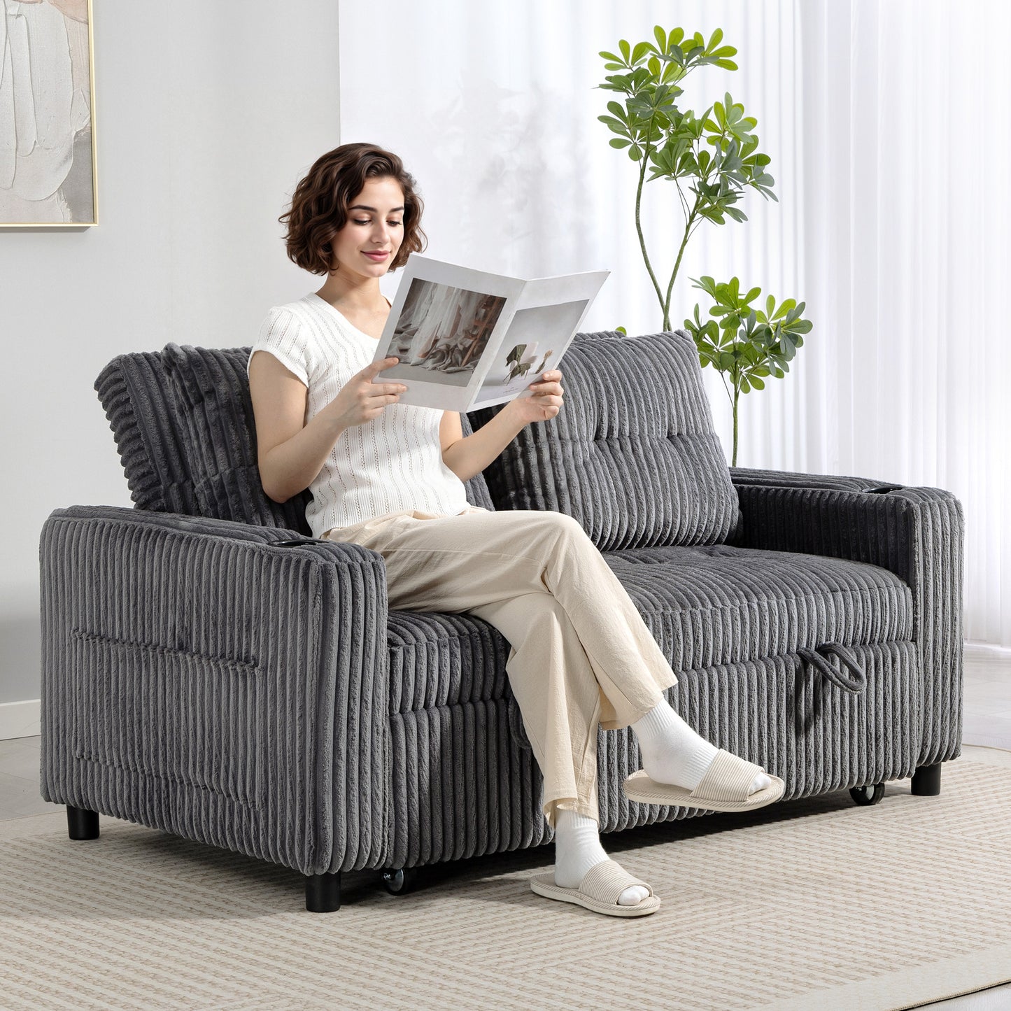 HOMCOM 2 Seater Click Clack Sofa Bed With Pull Out Design In Corduroy Upholstery Charcoal Grey