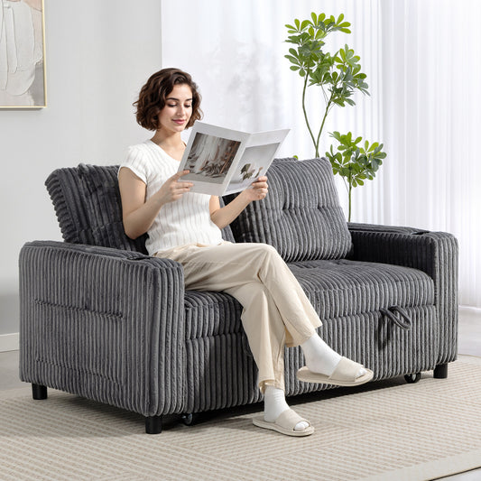 HOMCOM 2 Seater Click Clack Sofa Bed With Pull Out Design In Corduroy Upholstery Charcoal Grey