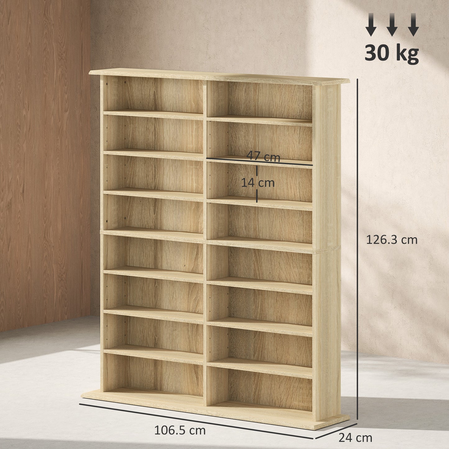 HOMCOM 16 Compartment Media Shelf Nature Wood Finish With 12 Adjustable Shelves Holds 720 CDs 396 DVDs Blu Rays