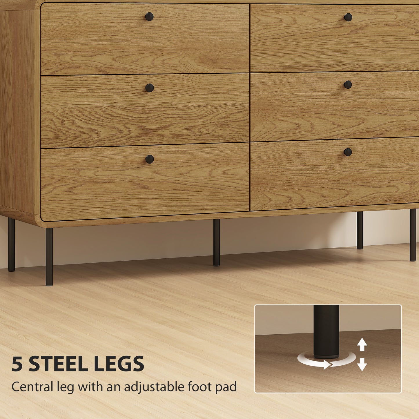 HOMCOM Chest of Drawers Six Drawer Dresser Oak Finish Modern Rounded Edges Safe Family Furniture
