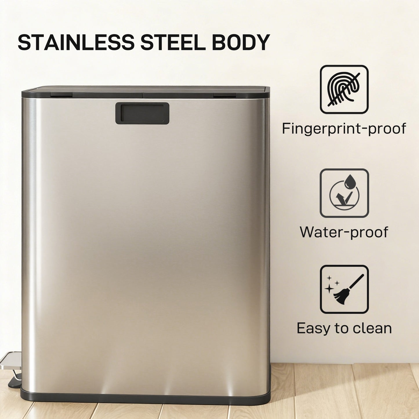 HOMCOM Dual Kitchen Bin With Soft Close Butterfly Lid 2 x 28L Stainless Steel Pedal Bins Fingerprint Proof Silver Tone