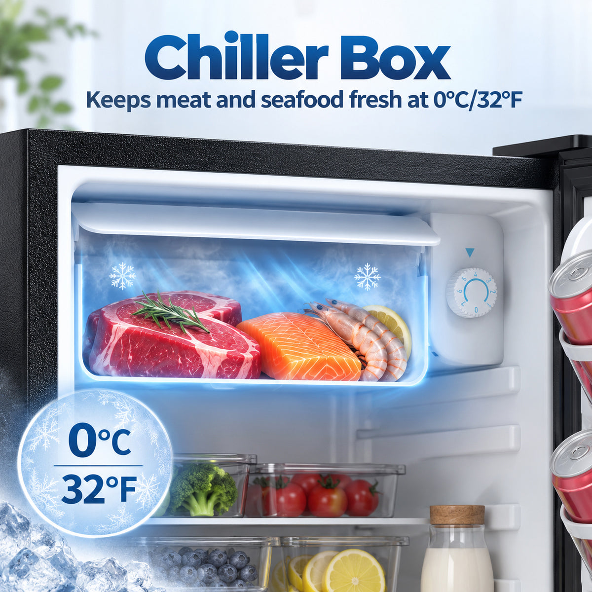 Open black mini fridge showing chiller box tray and food storage compartments