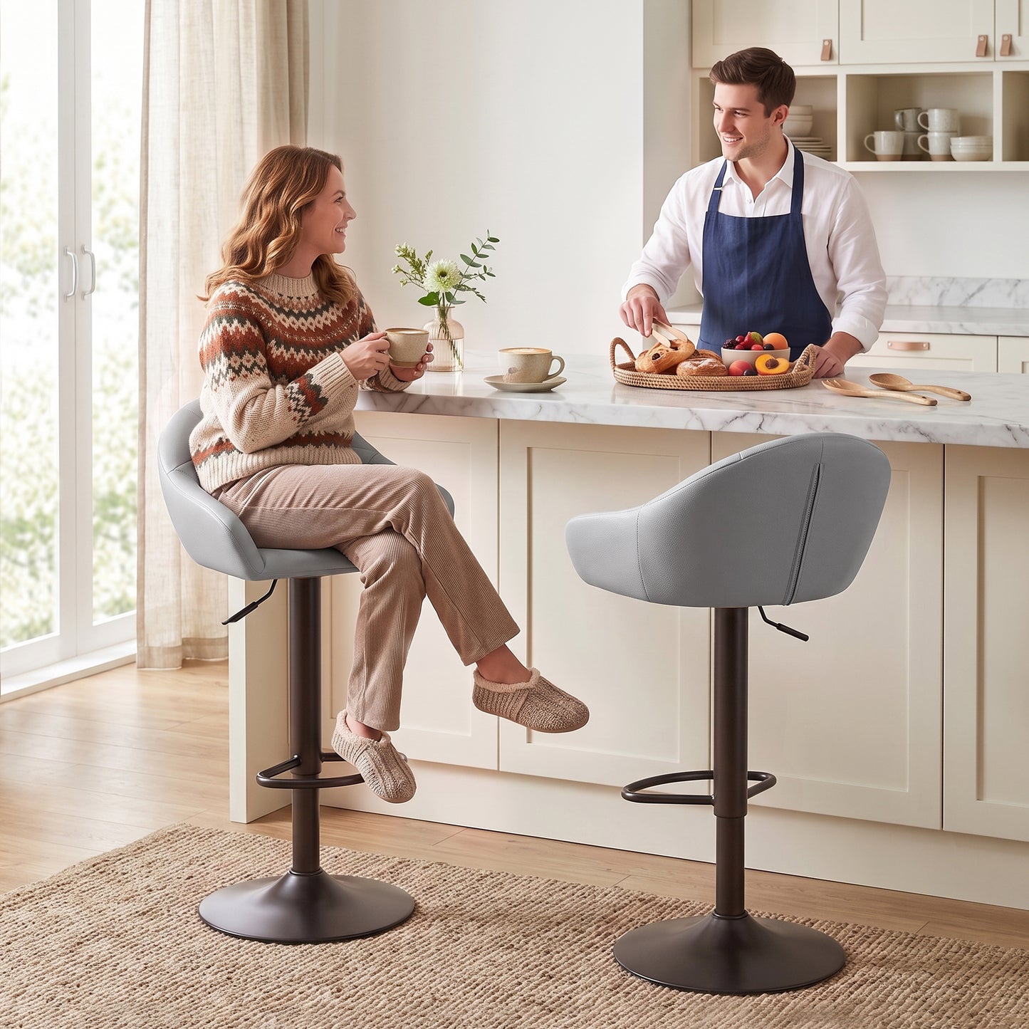 Grey swivel bar stool set with padded backrest and armrests, black pedestal base