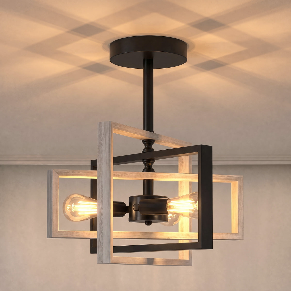 Lit industrial ceiling light with black canopy, pine-wood frame, and four exposed bulbs