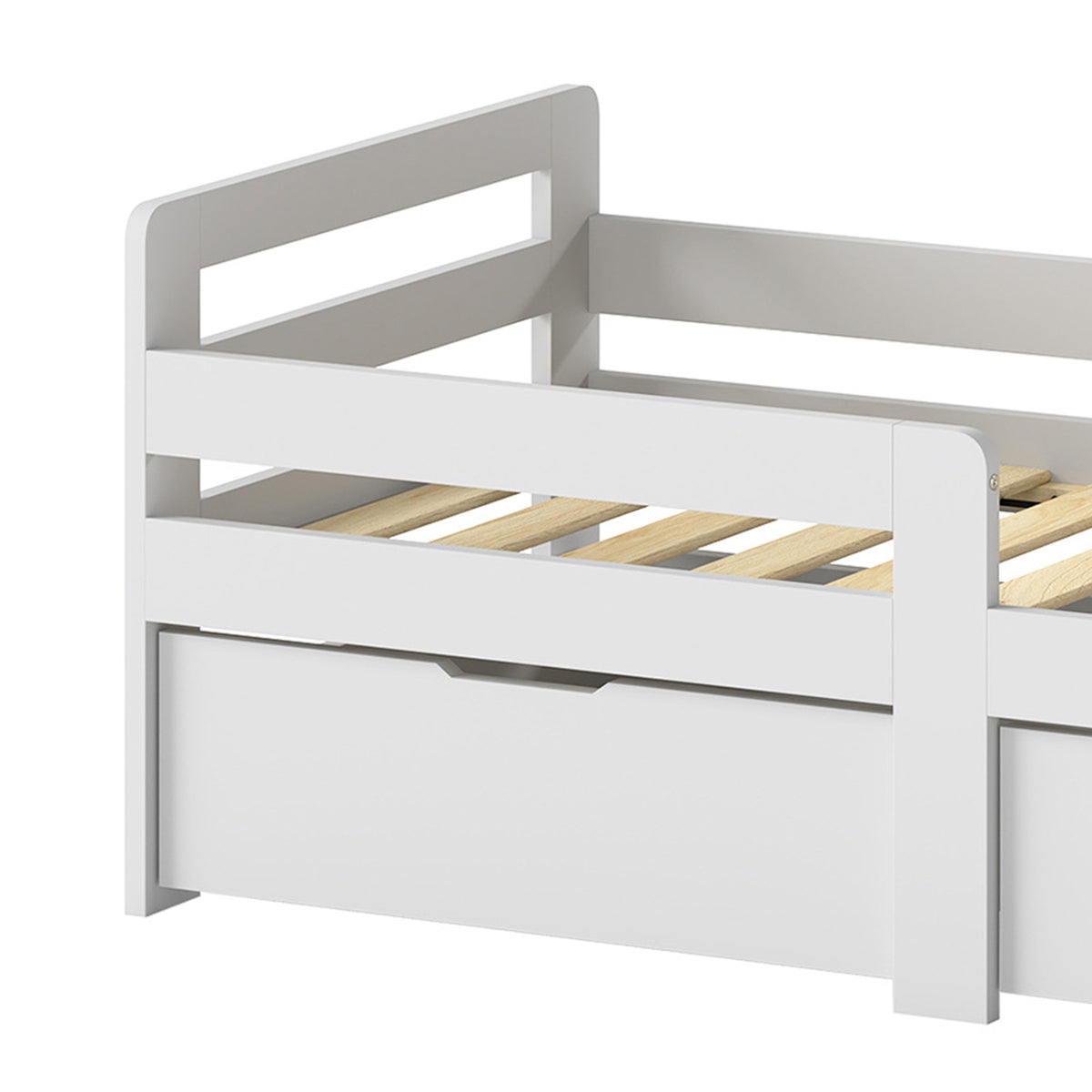 Light grey kids bed frame with guard rail, slatted mattress support, and storage drawer front