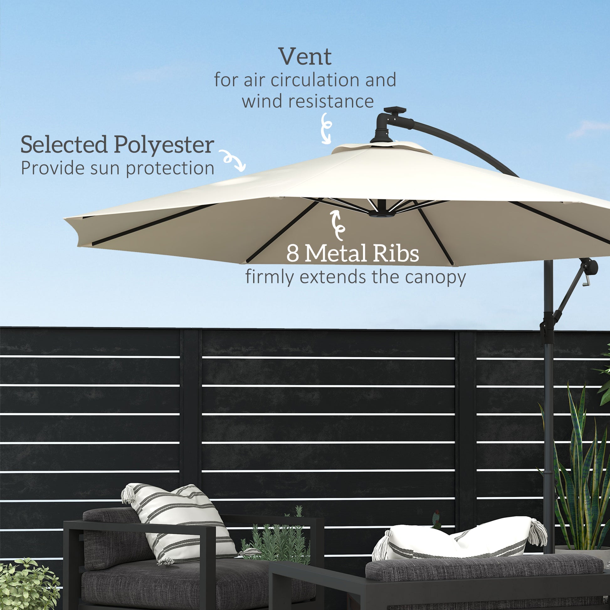 Outsunny 3m Cantilever Umbrella with Solar-Powered LED Lights and Crank Handle for Garden Shade - ALL4U RETAILER LTD