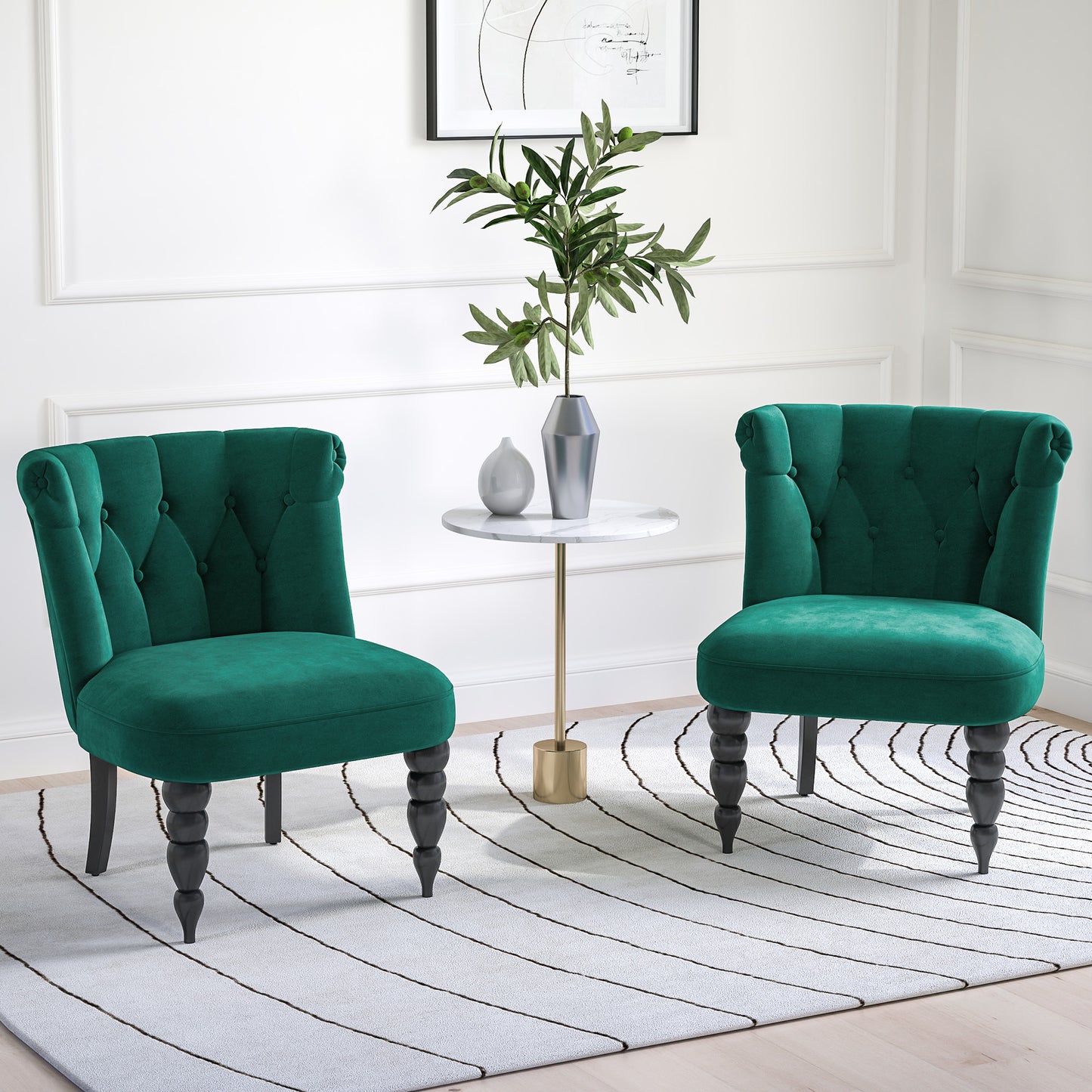 HOMCOM Velvet Accent Chairs Set Of 2 Button Tufted Wingback With Rubber Wood Legs Dark Green For Living Room And Bedroom