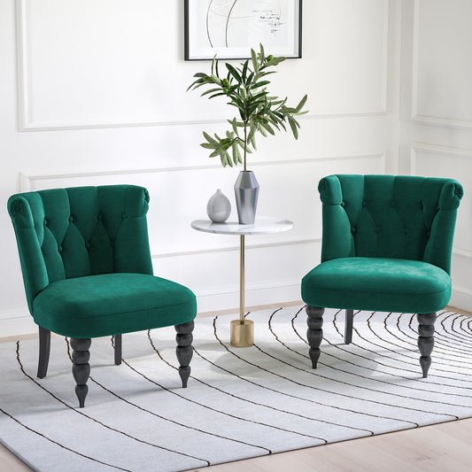 HOMCOM Velvet Accent Chairs Set Of 2 Button Tufted Wingback With Rubber Wood Legs Dark Green For Living Room And Bedroom