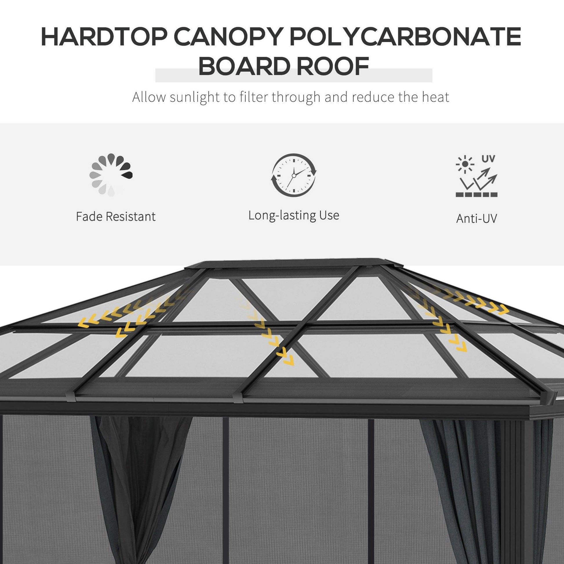 Outsunny 3 x 3.6m Hardtop Gazebo with UV Resistant Polycarbonate Roof and Aluminium Frame, Garden Pavilion with Mosquito Netting and Curtains - ALL4U RETAILER LTD