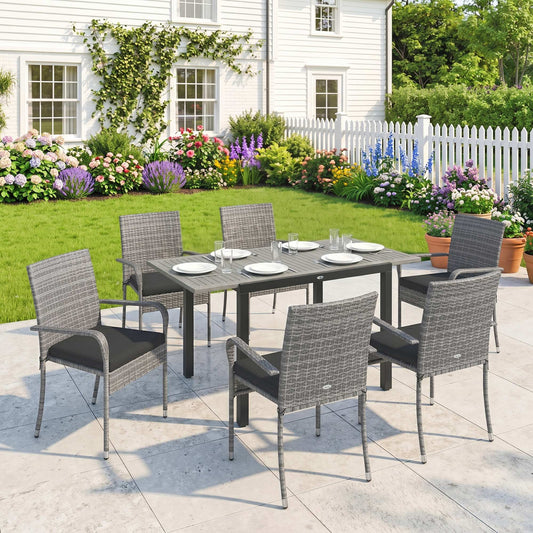 Outsunny 7 Piece Rattan Garden Furniture Set With Extendable Acacia Wood Tabletop 6 Seater Dining And Stackable Chairs