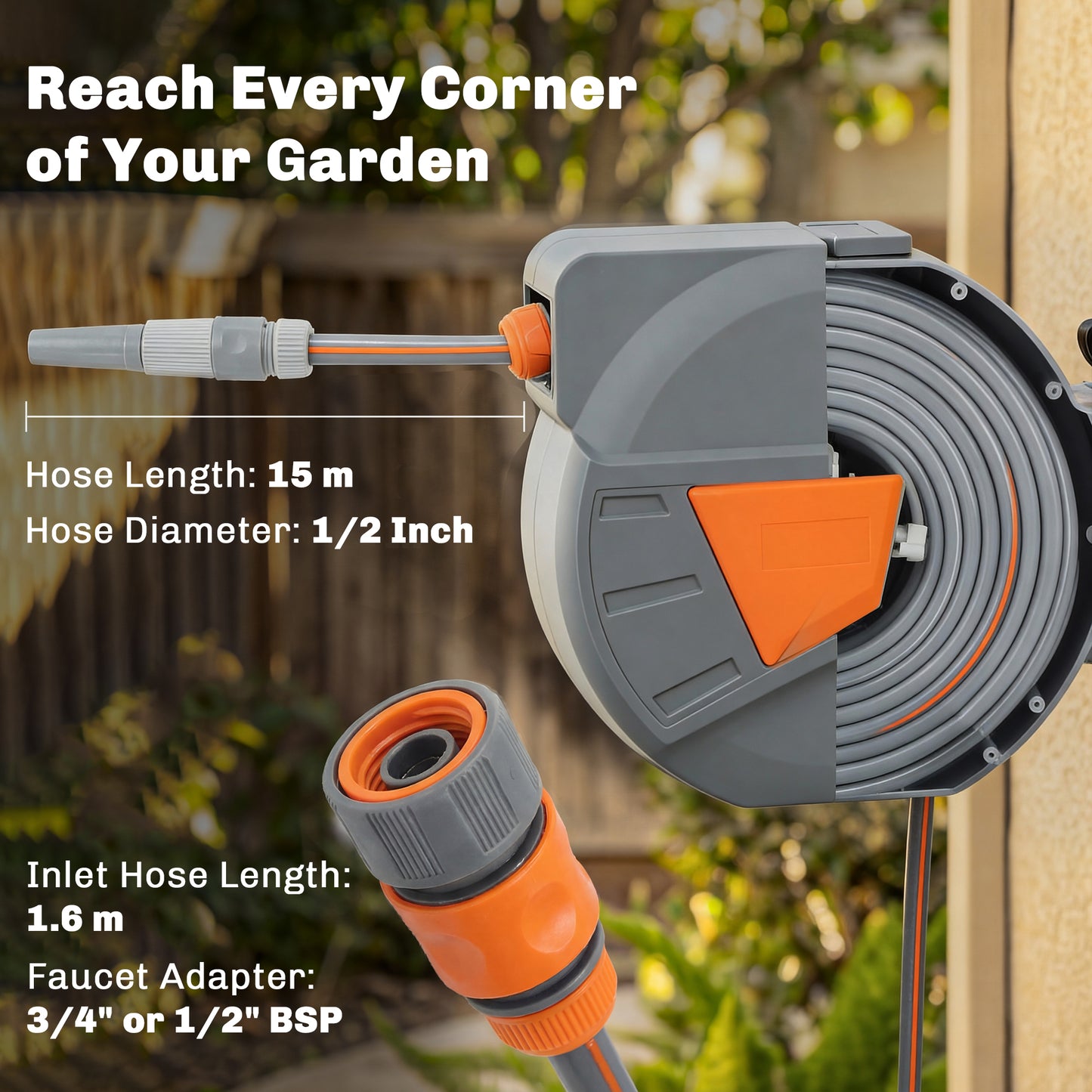 Outsunny Retractable Hose Reel Wall Mounted 15m 1.6m Garden Hose Pipe Reel With Auto Retraction Self Locking Orange