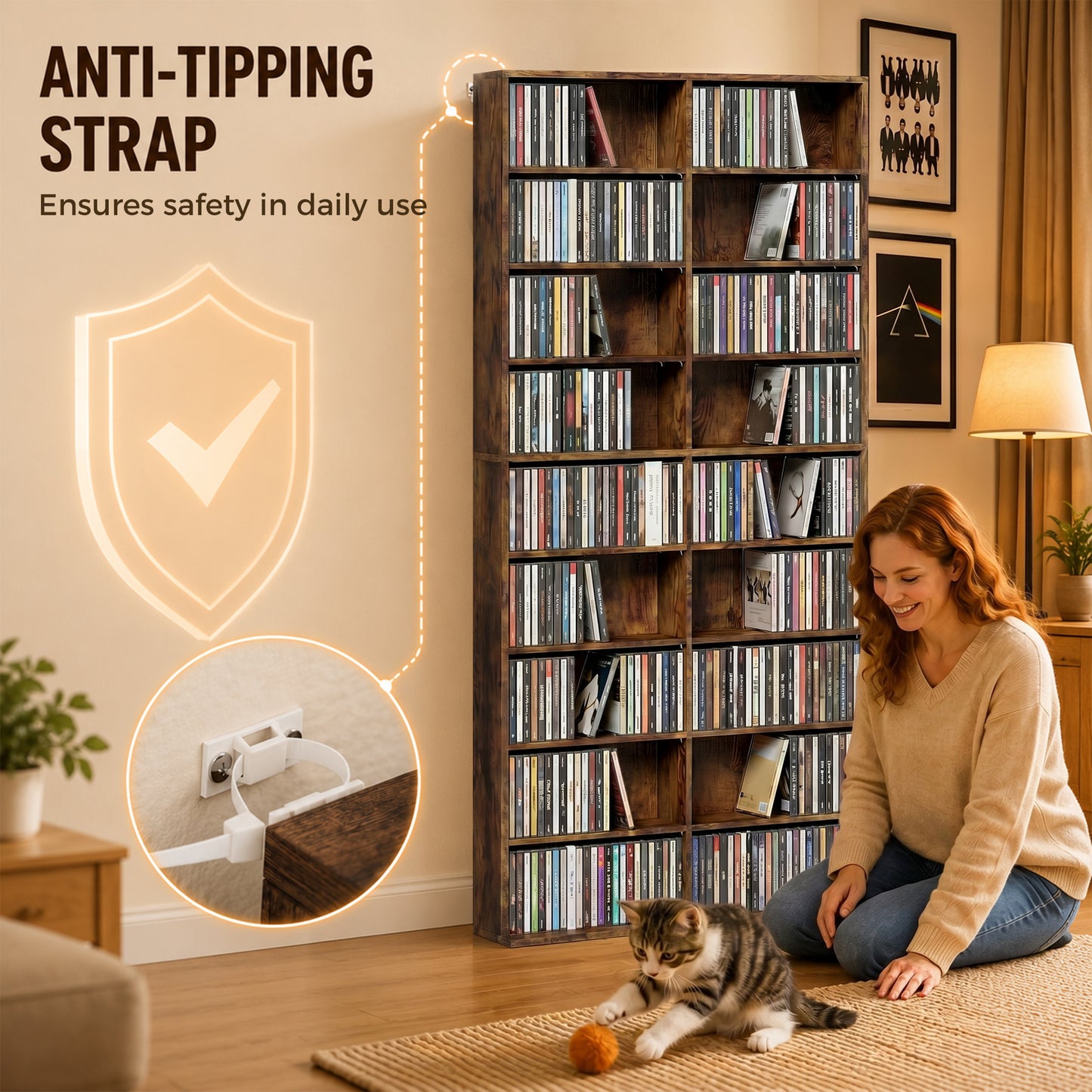 HOMCOM 640 CD Storage Tower Rustic Brown with 14 Adjustable Shelves and Anti Tipping
